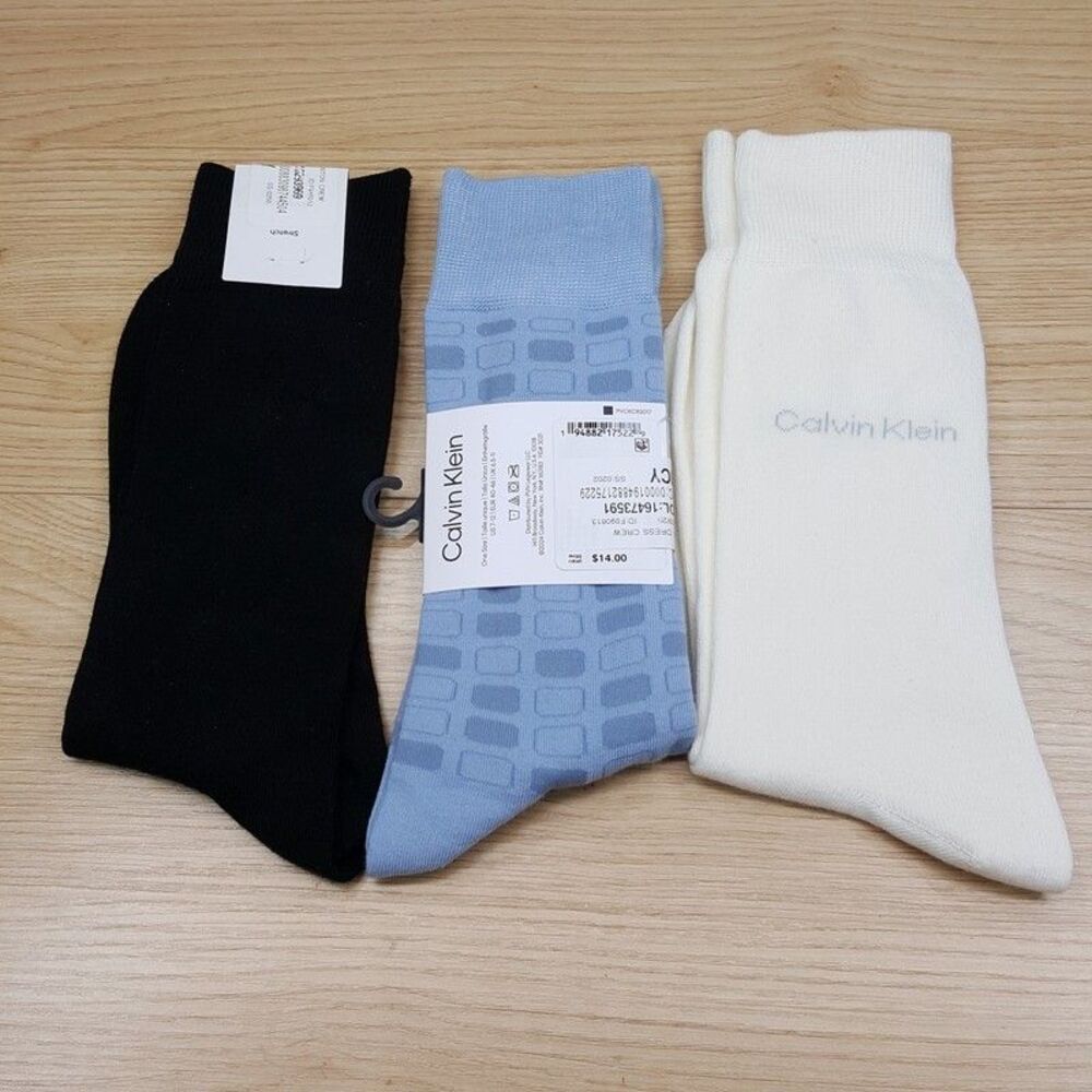 CALVIN KLEIN Mens Crew Dress Socks 3-Pack Black Blue Ivor Cotton Blend Logo